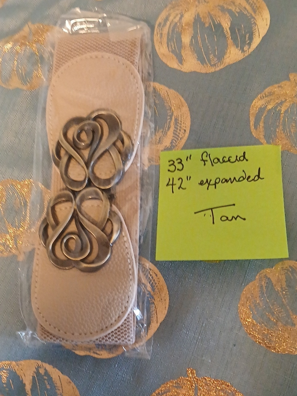Tan Elastic Women's Belt with Decorative Silver Metal Clasp